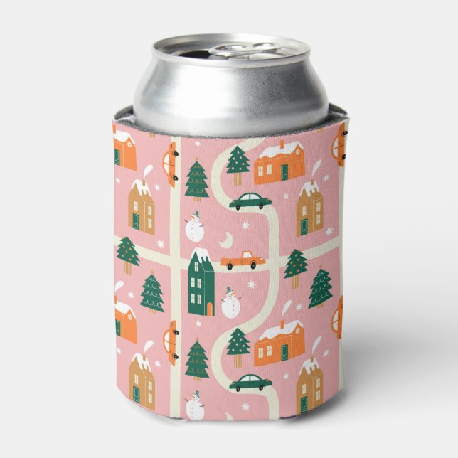 Christmas Town Holiday Map Pattern Can Cooler (Can Front)