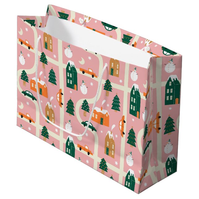 Christmas Town Holiday Map Pattern Large Gift Bag (Front Angled)