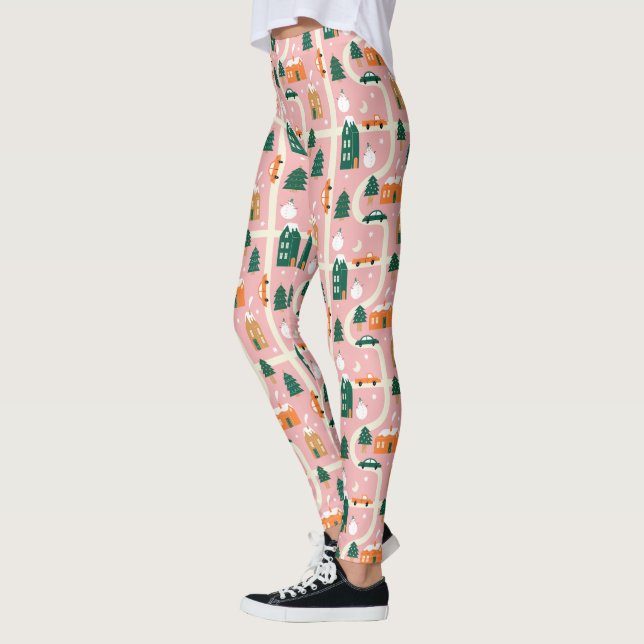 Christmas Town Holiday Map Pattern Leggings (Left)