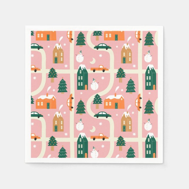 Christmas Town Holiday Map Pattern Napkin (Front)