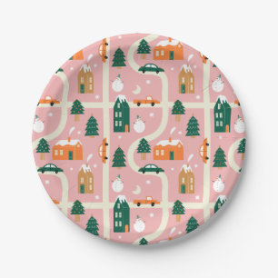 Christmas Town Holiday Map Pattern Paper Plate