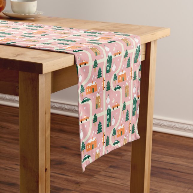 Christmas Town Holiday Map Pattern Short Table Runner (In Situ)