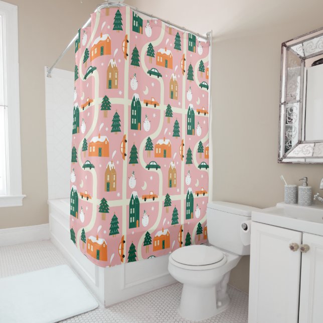 Christmas Town Holiday Map Pattern Shower Curtain (In Situ)