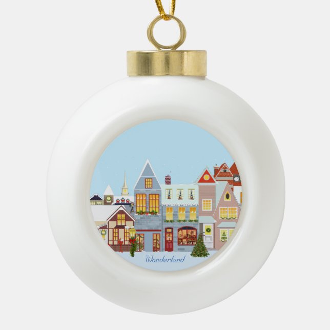 Christmas town houses with blue sky ceramic ball christmas ornament (Front)
