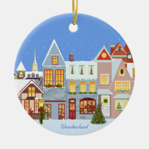 Christmas town houses with blue sky ceramic tree decoration
