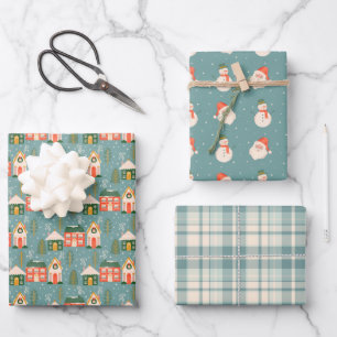 Christmas Town, Santa Claus, Snowmen, Blue Plaid Wrapping Paper Sheet