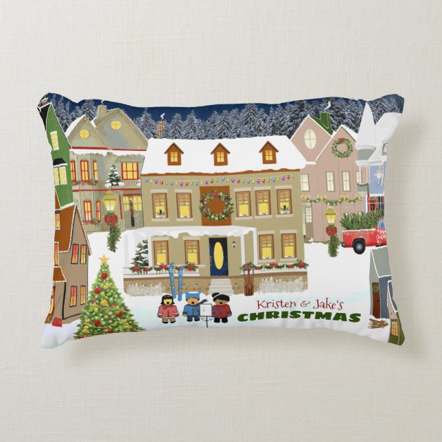 Christmas Town Winter Wonderland Houses Caroling Decorative Cushion (Front)