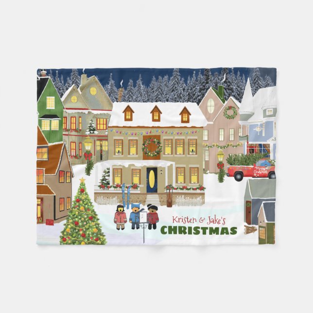 Christmas Town Winter Wonderland Houses Caroling Fleece Blanket (Front (Horizontal))