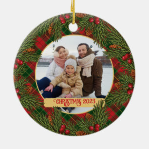 Christmas Traditional Plaid Tartan Wreath Photo Ceramic Tree Decoration