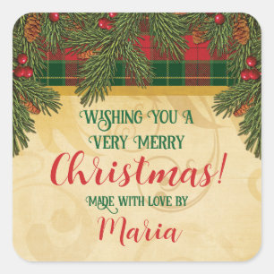 Christmas Traditional Plaid Tartan Wreath Square Sticker