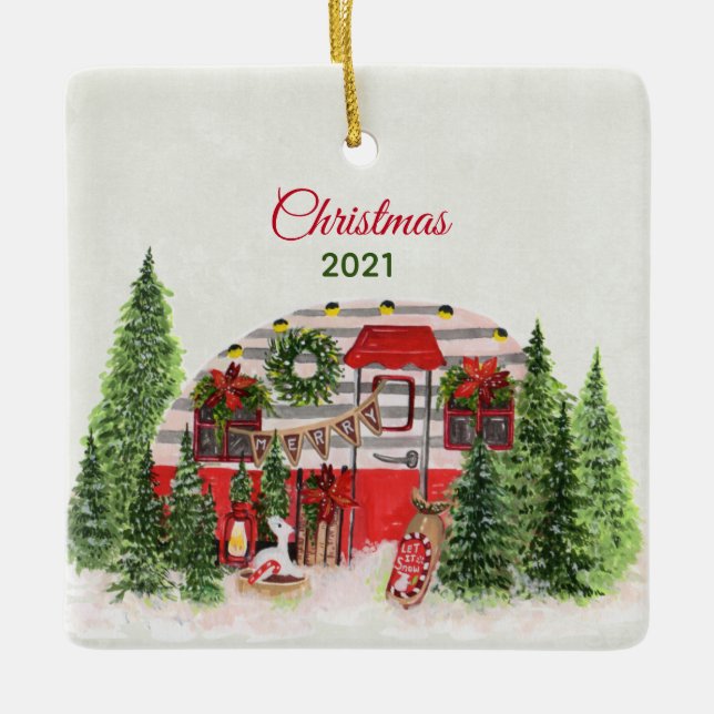 Christmas Trailer Camper Outdoorsy Theme Ceramic Ornament (Front)