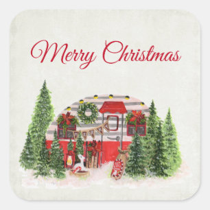 Christmas Trailer Camper Rustic Scene Square Sticker