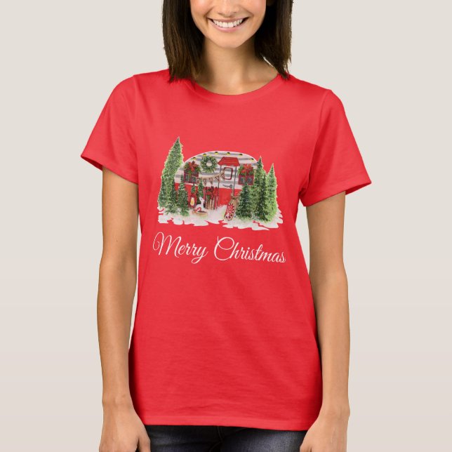 Christmas Trailer Camper Rustic Scene T-Shirt (Front)
