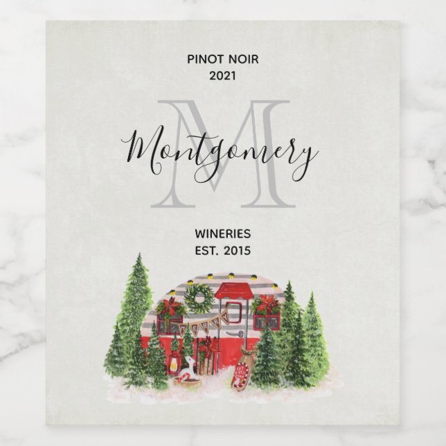 Christmas Trailer Camper Rustic Scene Wine Making Wine Label (Single Label)