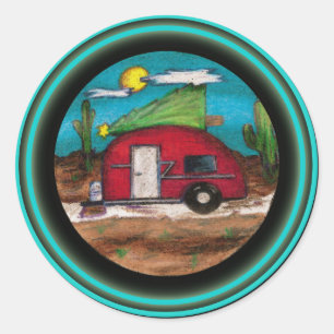 Christmas Trailer with Tree Classic Round Sticker