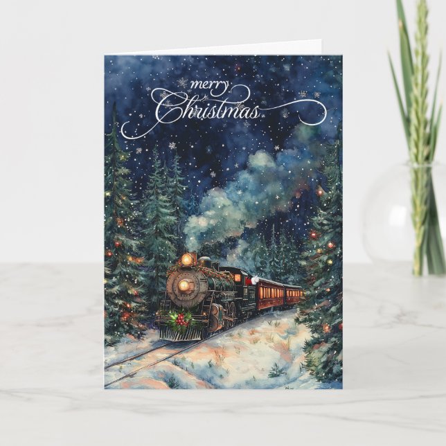 Christmas Train All Aboard Wintry Night Holiday Card (Front)