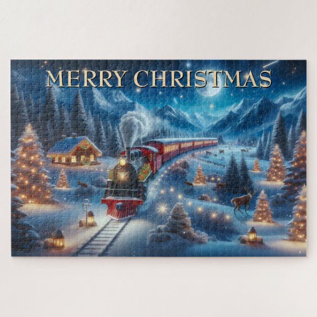 christmas train,snowy village,river reflection,dec jigsaw puzzle (Horizontal)