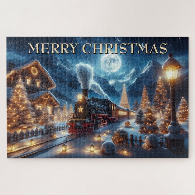 Christmas Train Through Lantern-Lit Village Jigsaw Puzzle (Horizontal)