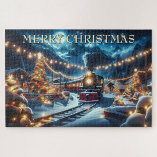 Christmas Train Under Crescent Moon and Lights Jigsaw Puzzle