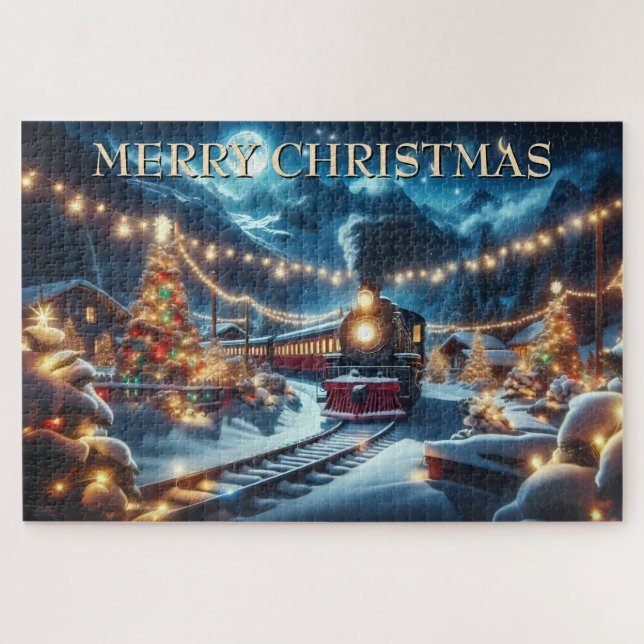 Christmas Train Under Crescent Moon and Lights Jigsaw Puzzle (Horizontal)