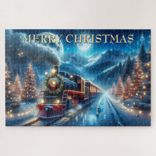 Christmas Train with Wreath and Snowy Pines Jigsaw Puzzle