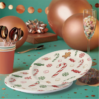 Christmas Treats and Candy Canes, Beige Background Paper Plate