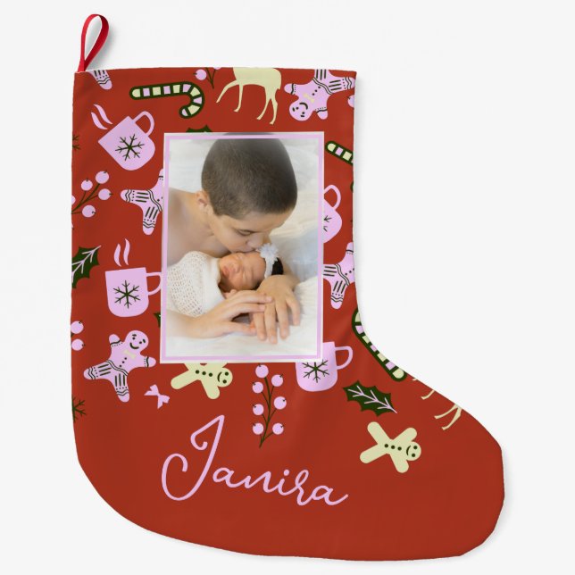 Christmas Treats Holiday Festive Family Photo   Large Christmas Stocking (Front)