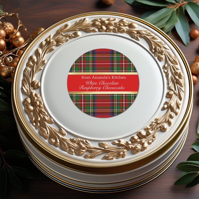 Christmas Treats Red Green Plaid Gold   Classic Round Sticker (Creator Uploaded)