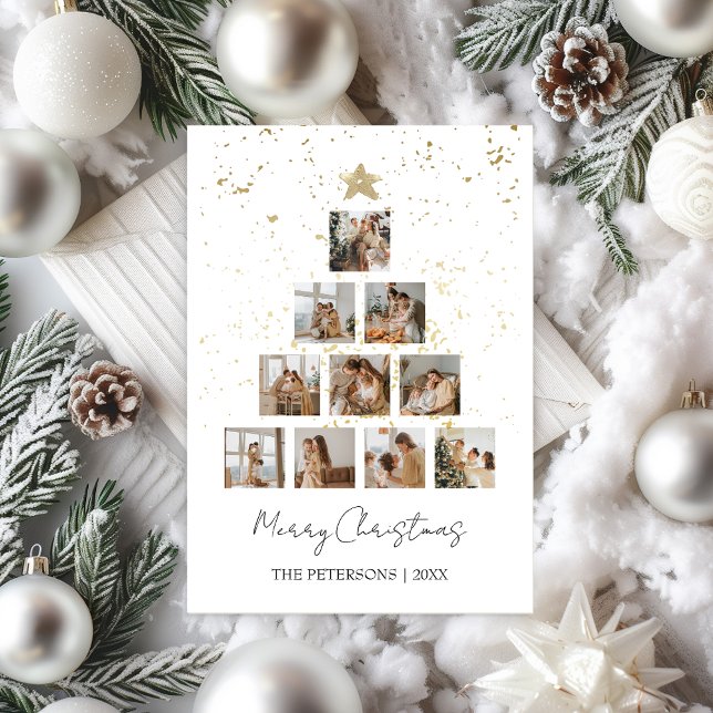 Christmas Tree 10 Photo Collage Gold Minimalist Holiday Card (Christmas Tree Photo Collage 10 photos modern minimalist family Christmas Card)
