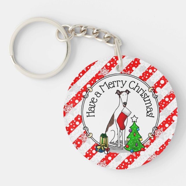 Christmas Tree 2 Greyhound (brindle white) Dog Fun Key Ring (Front)