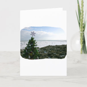 Christmas Tree Against Beach Rocks Holiday Card