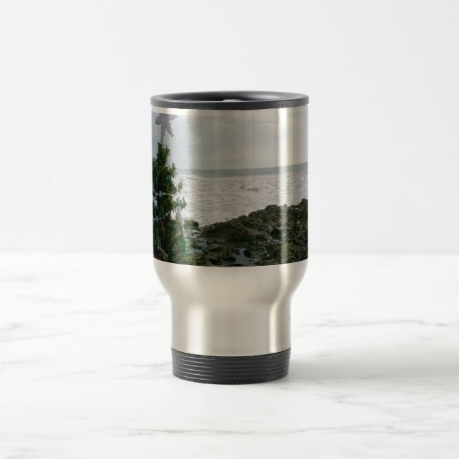 Christmas Tree Against Beach Rocks Travel Mug (Center)