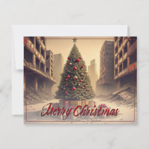 Christmas Tree Amid Ruins Merry Christmas