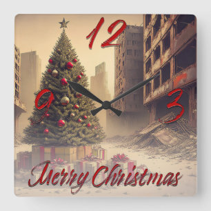 Christmas Tree Amid Ruins Merry Christmas Square Wall Clock