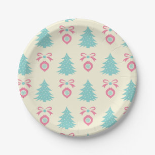 Christmas Tree And Bauble Pattern Pastel Colours Paper Plate
