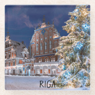 Christmas tree and Blackheads house in Riga Glass Coaster