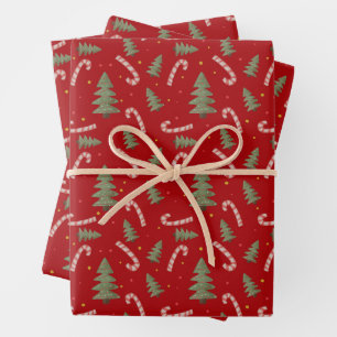 Christmas Tree and Candy Cane Red  Wrapping Paper Sheet