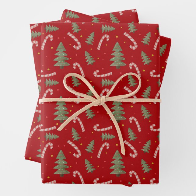 Christmas Tree and Candy Cane Red  Wrapping Paper Sheet (In situ)