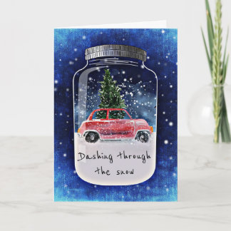 Christmas Tree and Car Winter Scene in a Mason Jar Holiday Card