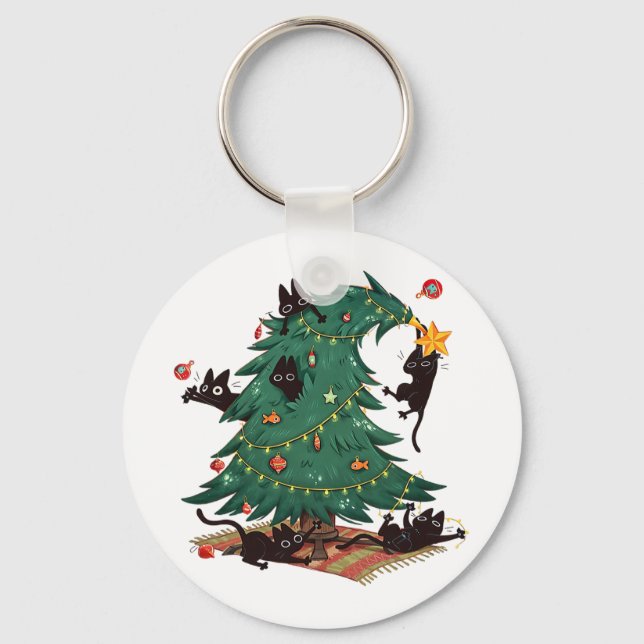 Christmas Tree And Cat Cute Christmas Cat Lover  Key Ring (Front)