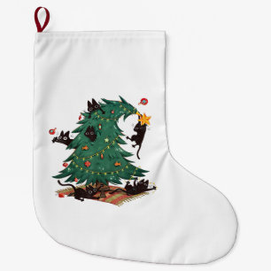 Christmas Tree and Cat Cute Christmas Cat Lover Large Christmas Stocking