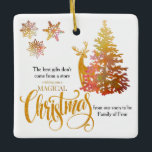 Christmas Tree and Deer Soon to be Family of Four Ceramic Ornament<br><div class="desc">This elegant Christmas ornament for your holiday pregnancy announcement is a great keepsake and easy to personalise for grandparents, aunts, great grandma etc. The design features a christmas tree and a sweet deer, snowflakes and handlettered typography in gold. The pregnancy announcement wording reads "the best gifts don't come from a...</div>
