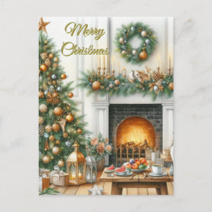 Christmas Tree and Fireplace Holiday Postcard