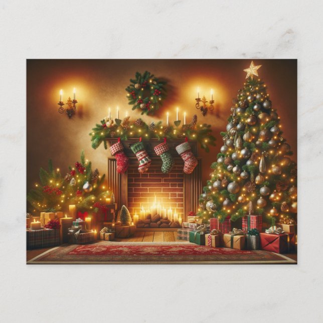 Christmas tree and fireplace  holiday postcard (Front)