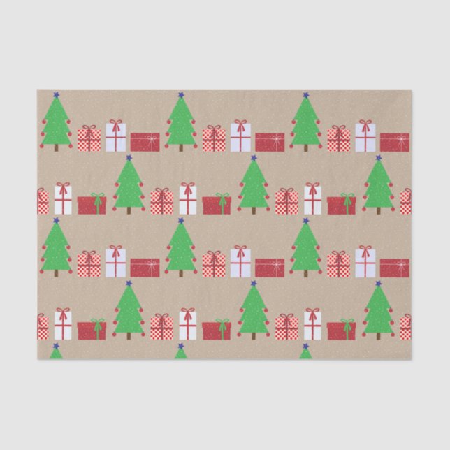 Christmas Tree and Gifts on Beige Tissue Paper (Front)