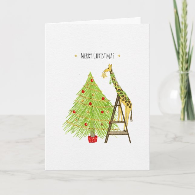 Christmas Tree and Giraffe on a Ladder Holiday Card (Front)