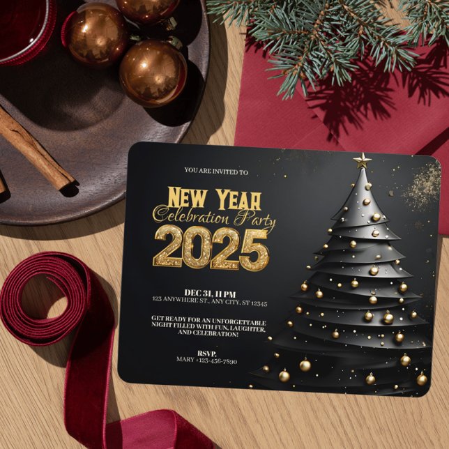 Christmas Tree and Gold Ornaments Modern New Year Invitation (Creator Uploaded)