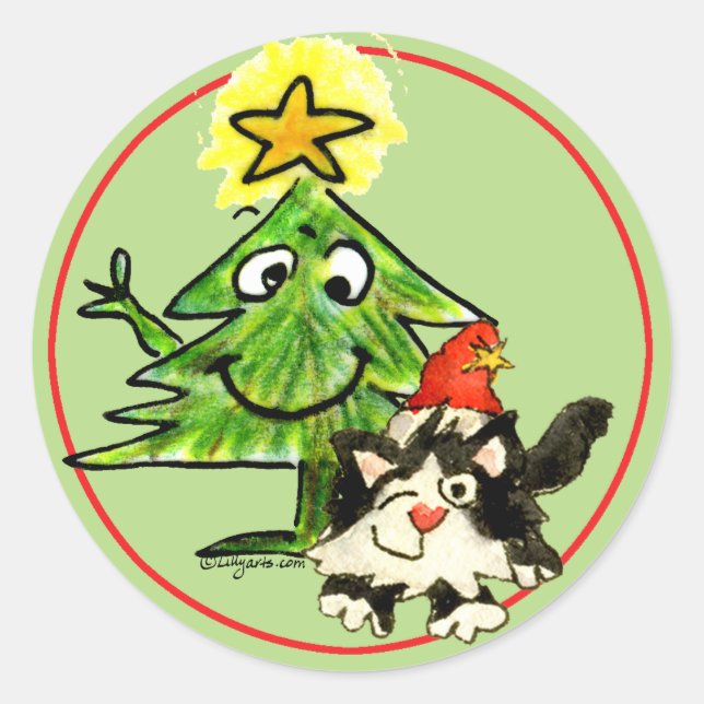 Christmas Tree and Kitten Cat Classic Round Sticker (Front)