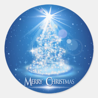 Christmas tree and light over blue background classic round sticker