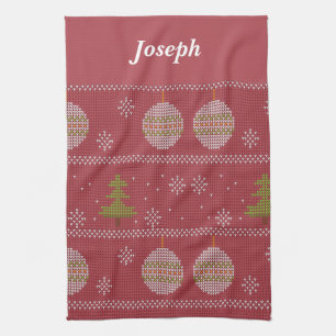 Christmas tree and ornament woven red tea towel